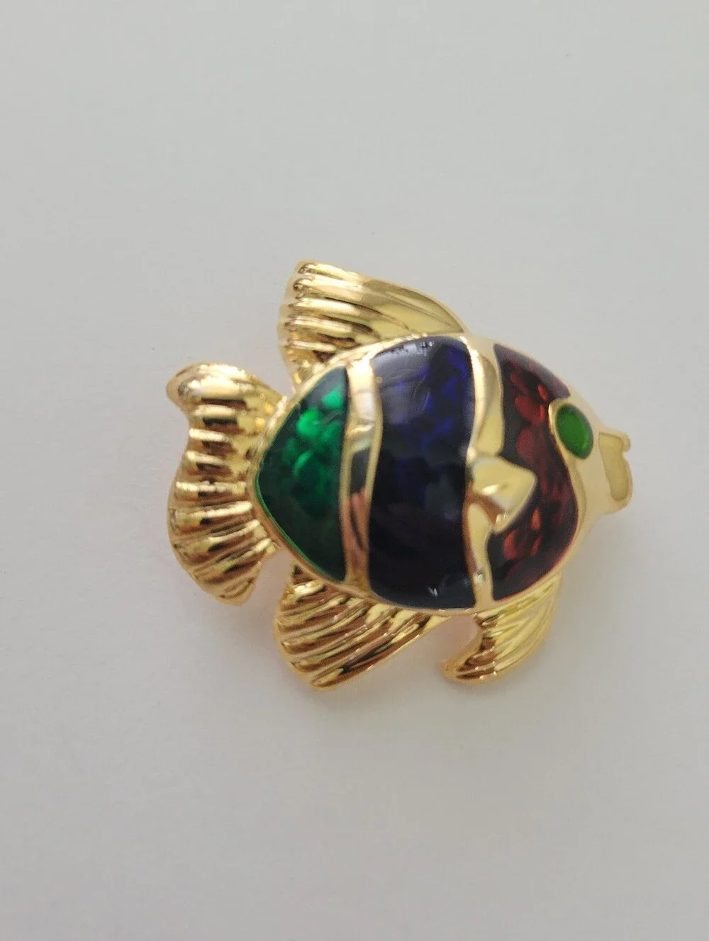 Vintage Gold fish brooch Pin with green, blue, and red enamel stripes